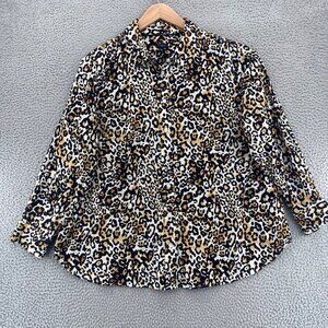 Talbots Shirt Womens 2X Plus Black Leopard Print Button Up Collared Long Sleeve